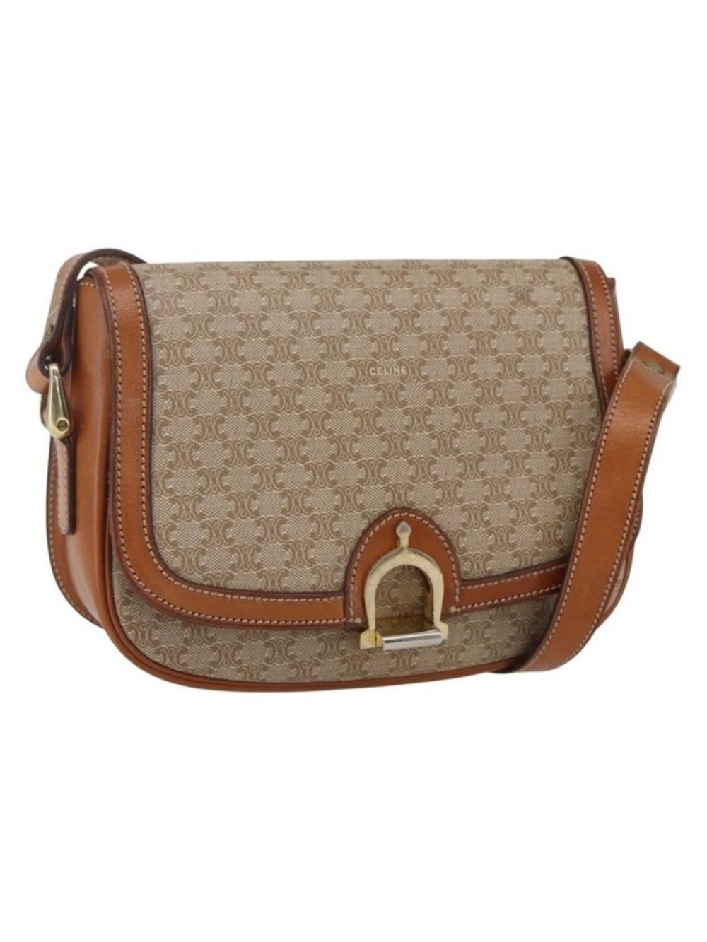 Authentic CELINE Macadam Canvas Shoulder Bag PVC Beige Gold